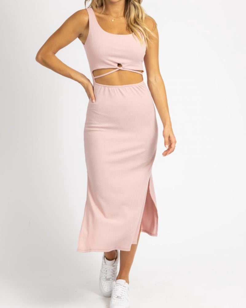 Front of a model wearing a size L Ribbed Cutout Midi Dress In Baby Pink in Baby Pink by Peach Love. | dia_product_style_image_id:355361